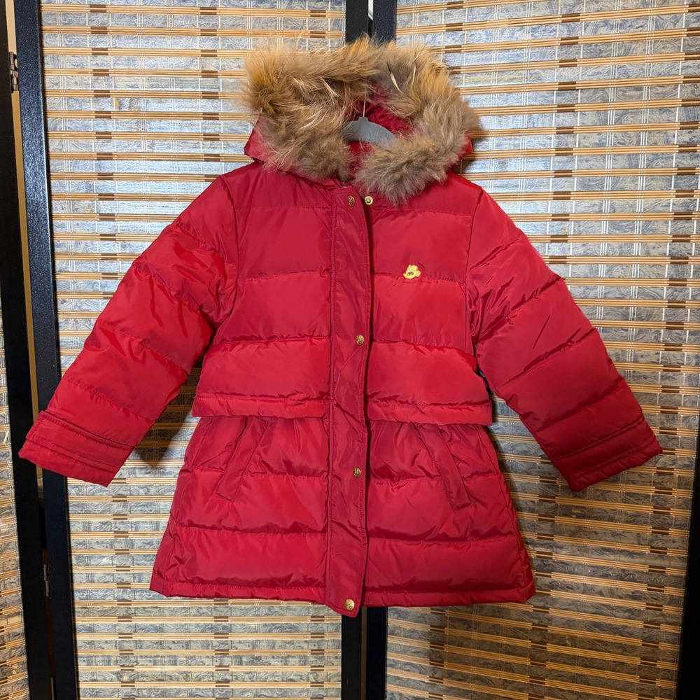 Disney Baby Puffer Parka Girls 3A 110 Red Duck Down Hooded Fur Trim Coat